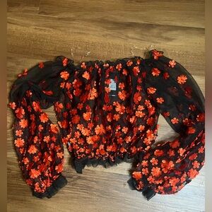Floral Sheer Black and Red Women's Top